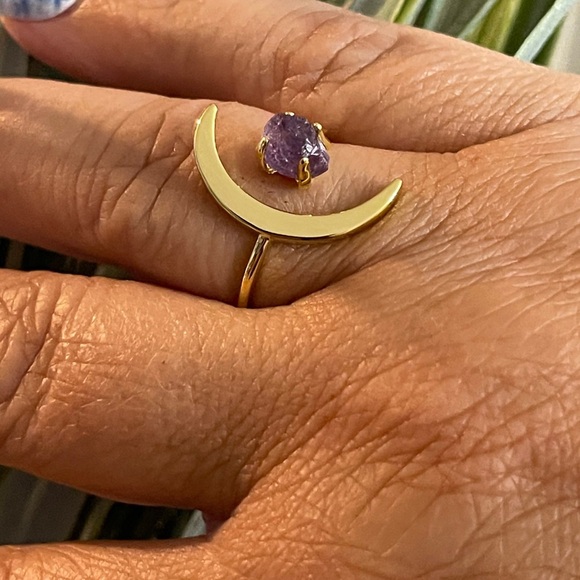 Amethyst Crescent Moon Ring.  Adjustable band is gold plated over brass - Picture 4 of 5